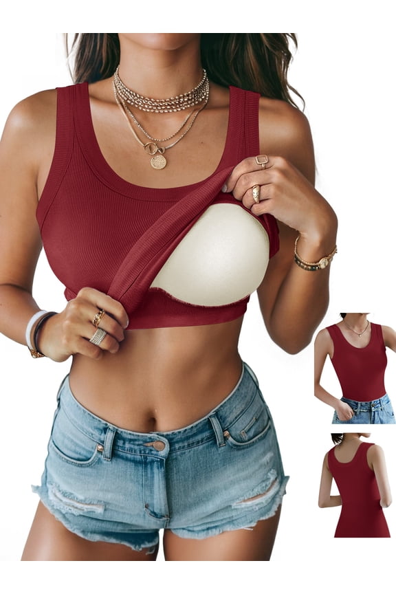 Womens Tank Tops with Built in Shelf Bra Basic Stretchy Padded Camisole Casual Layering Tanks Undershirt Black-White-Gray-Coffee