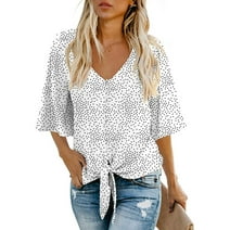 Anygrew Womens Tops 2023 Summer Blouses V Neck Batwing Sleeve Tops Tie Knot Chiffon Button Down Casual Blouse