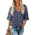 thumbnail image 1 of Anygrew Womens Tops Summer Blouses V Neck Batwing Sleeve Tops Tie Knot Chiffon Button Down Casual Blouse, 1 of 8