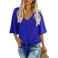 thumbnail image 1 of Anygrew Womens Tops Summer Blouses V Neck Batwing Sleeve Tops Tie Knot Chiffon Button Down Casual Blouse, 1 of 7