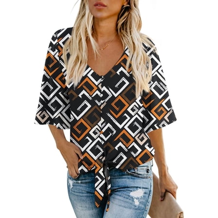 Anygrew Womens Tops Summer Blouses V Neck Batwing Sleeve Tops Tie Knot Chiffon Button Down Casual Blouse