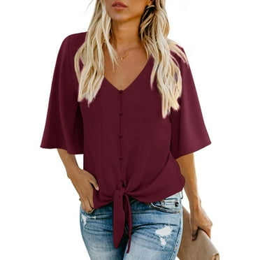 Anygrew Womens Tops 2025 Summer Blouses V Neck Batwing Sleeve Tops Tie Knot Chiffon Button Down Casual Blouse