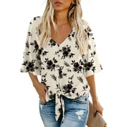 ANYGREW Womens Tops Summer Blouses V Neck Batwing Sleeve Tops Tie Knot Chiffon Button Down Casual Blouse