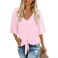 thumbnail image 1 of Anygrew Womens Tops Summer Blouses V Neck Batwing Sleeve Tops Tie Knot Chiffon Button Down Casual Blouse, 1 of 7