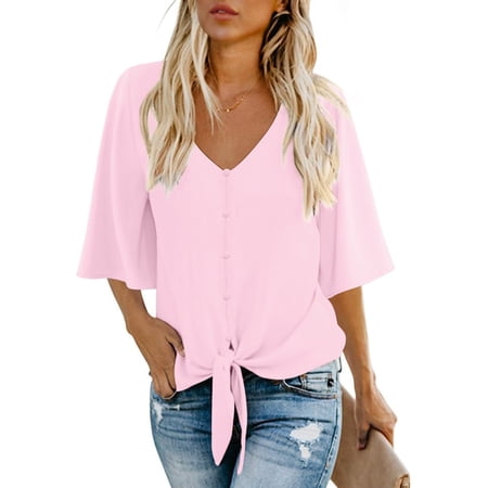 Anygrew Womens Tops Summer Blouses V Neck Batwing Sleeve Tops Tie Knot Chiffon Button Down Casual Blouse