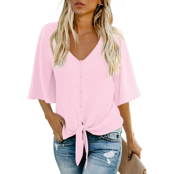 Anygrew Womens Tops Summer Blouses V Neck Batwing Sleeve Tops Tie Knot Chiffon Button Down Casual Blouse