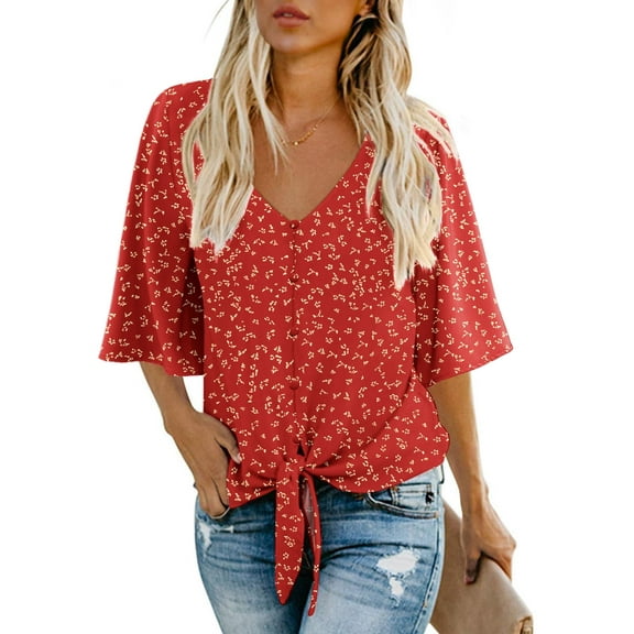 Anygrew Womens Tops Summer Blouses V Neck Batwing Sleeve Tops Tie Knot Chiffon Button Down Casual Blouse