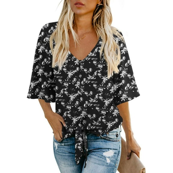 Anygrew Womens Tops Summer Blouses V Neck Batwing Sleeve Tops Tie Knot Chiffon Button Down Casual Blouse