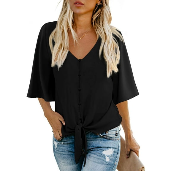 Anygrew Womens Tops Summer Blouses V Neck Batwing Sleeve Tops Tie Knot Chiffon Button Down Casual Blouse