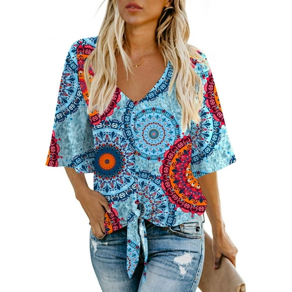 Anygrew Womens Tops Summer Blouses V Neck Batwing Sleeve Tops Tie Knot Chiffon Button Down Casual Blouse
