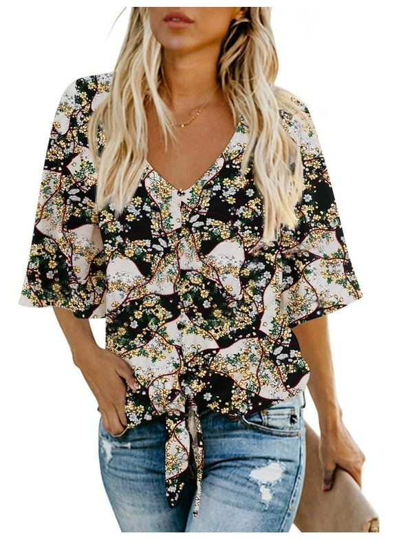 Womens Tops Summer Blouses V Neck Batwing Sleeve Tops Tie Knot Chiffon Button Down Casual Blouse