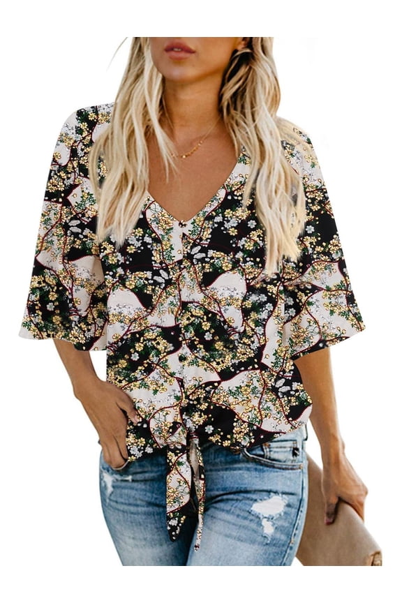Womens Tops Summer Blouses V Neck Batwing Sleeve Tops Tie Knot Chiffon Button Down Casual Blouse