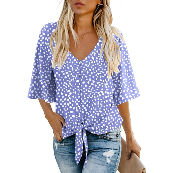 Anygrew Womens Tops Summer Blouses V Neck Batwing Sleeve Tops Tie Knot Chiffon Button Down Casual Blouse