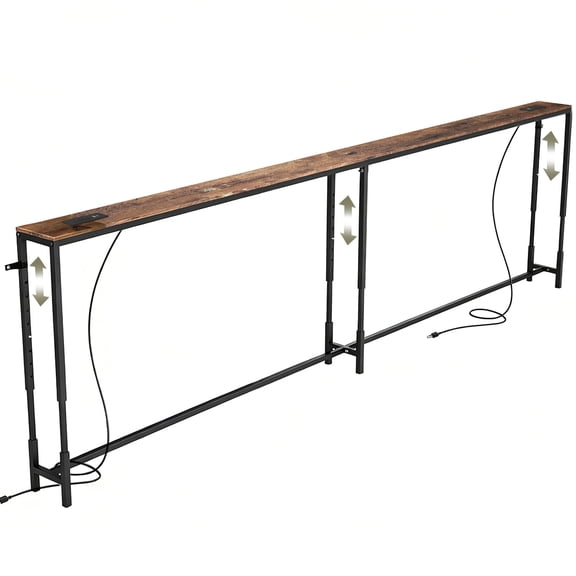 Anyhave 110" Sofa Table, Adjustable Height Console Table with 2 AC Outlets & 2 USB, Narrow Long Behind Sofa, Rustic Brown