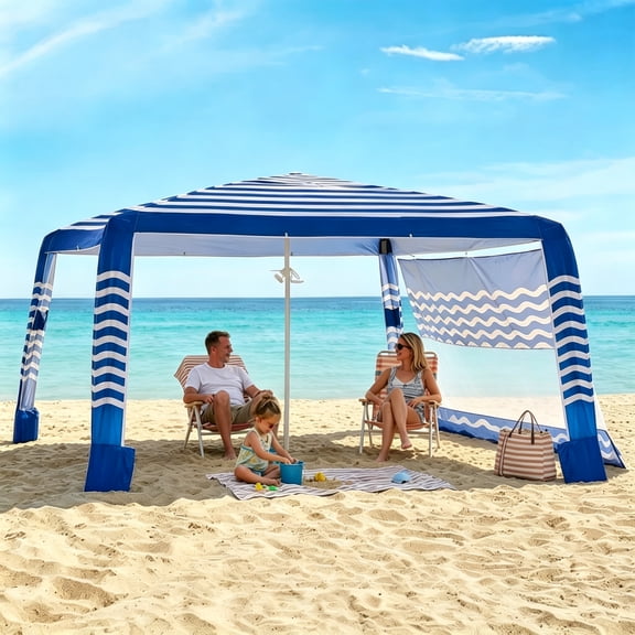 Anyhave Beach Cabana 8'8', Portable Beach Canopy with Side Wall, UPF 50+ Silver-Coated Beach Tent Sun Shelter Easy Pop Up, Wind Resistant Adjustable Height Beach Umbrella Tent for Family