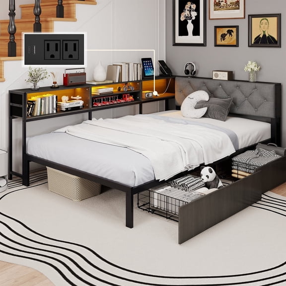 Anyhave Full Corner Bed Frame with Bookcase, LED Lights, 2 Drawers, Charging Station, Upholstered Headboard, Gray
