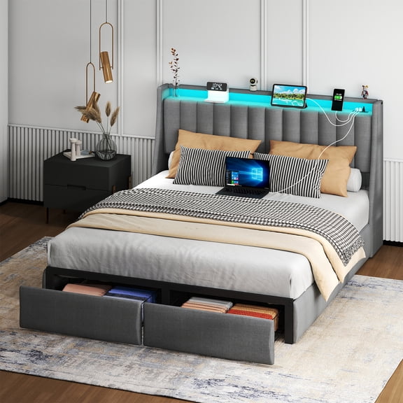 Anyhave Full Size Bed Frame with 2 Storage Drawers, LED Lights, Charging Station, Upholstered Headboard, Steel Support, No Box Spring, Quiet, Gray