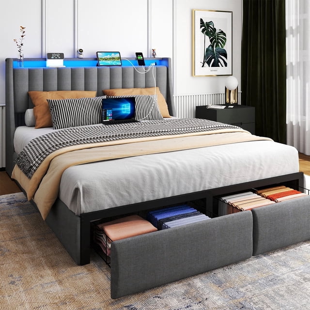 Led Downlights Label Anyhave Full Size Bed Frame with Headboard, 2 Storage Drawers, LED ...