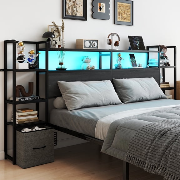 Anyhave Headboard for Full Size Bed with Storage Drawers, Headboards with Charging Station & LED Lights, Head Board with Side 3-Tier Storage Shelves, Height Adjustable