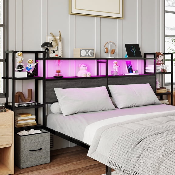 Anyhave Headboard for Queen Size Bed with Storage Drawers, Headboards with Charging Station & LED Lights, Head Board with Side 3-Tier Storage Shelves, Height Adjustable