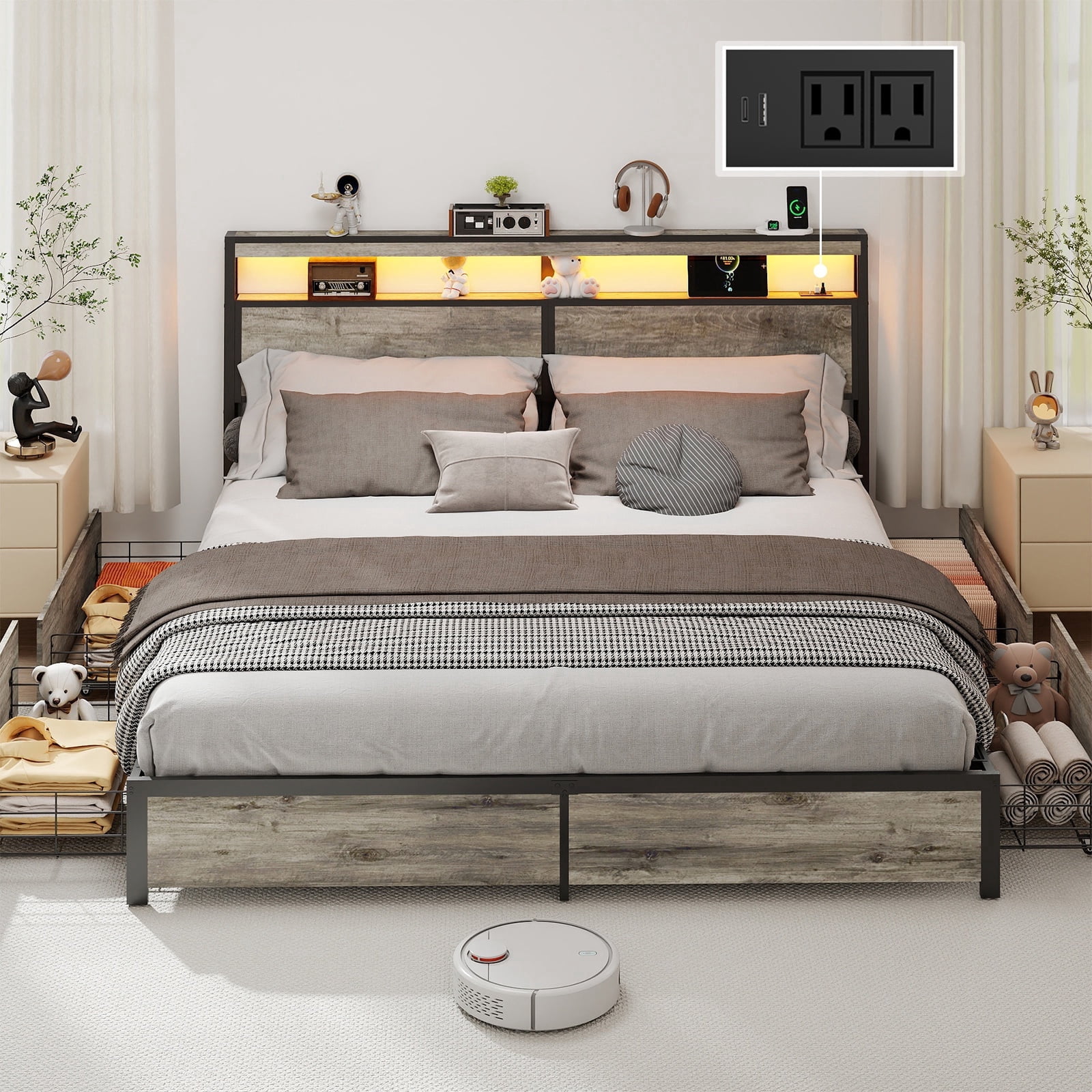 Anyhave King Size Bed Frame with Charging Station, LED Lights and Storage Drawers, Platform Bed with Headboard and USB Ports, Metal Support,Grey