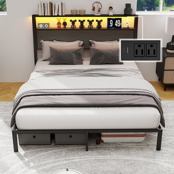 Anyhave King Size Platform Bed Frame with LED Lights & Charging Station, Metal Bed Frame with Storage Headboard, No Box Spring Needed, Gray
