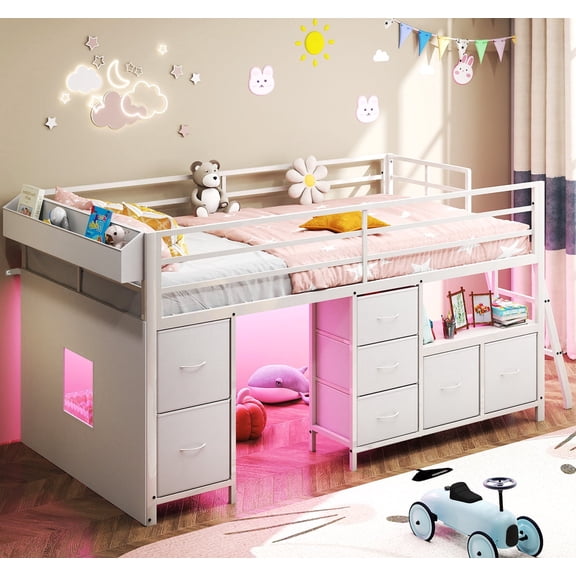 Anyhave Low Loft Bed Twin with 7 Storage Drawers Bookcase LED Lights 14" Guardrail Inclined Ladder Under-Bed Play Space Steel Slat Support White