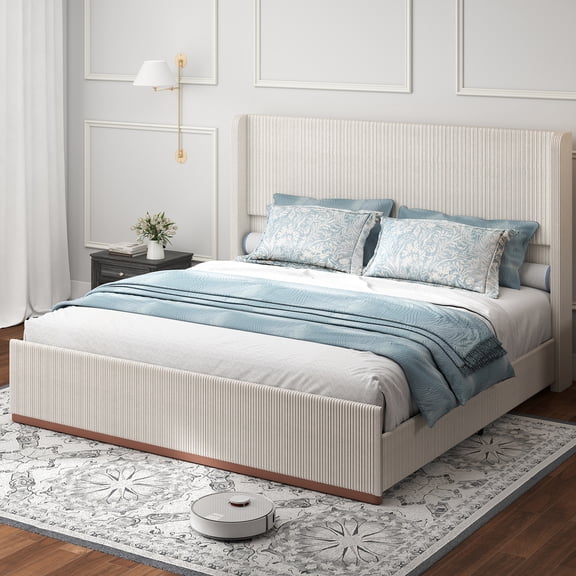 Anyhave Queen Bed Frame with 47" Upholstered Wingback Headboard, Soft Corduroy, Noise-Free Platform, No Box Spring Needed, Steel Frame, Cream White