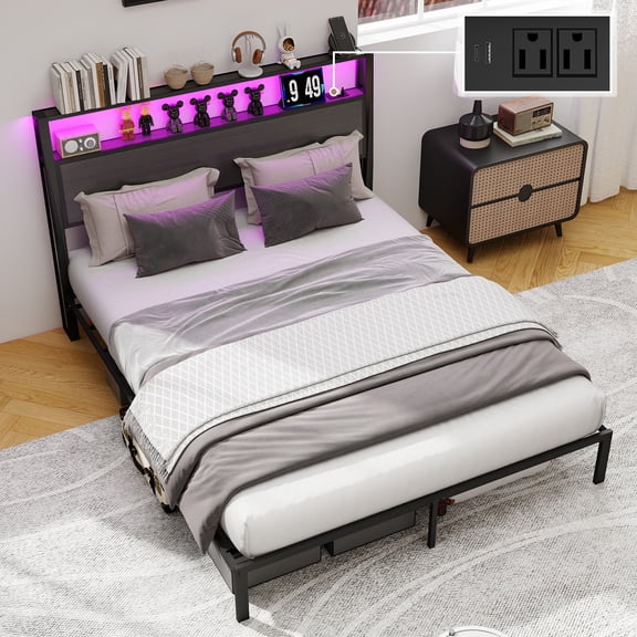 Anyhave Queen Size Bed Frame with Headboard, Metal Platform Bed with LED Lights and Charging Station, Under Bed Storage, No Box Spring Needed, Drak Gray