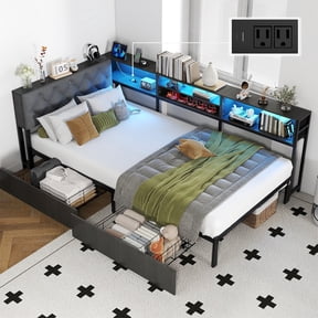 Anyhave Twin Corner Bed Frame with Bookcase, LED Lights, 2 Drawers, Charging Station, Upholstered Headboard, Gray