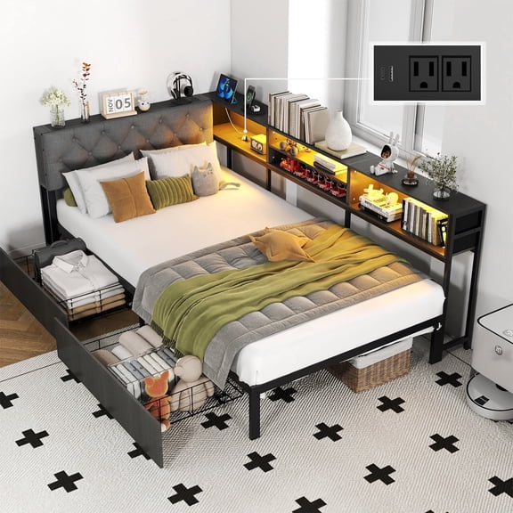 Anyhave Twin XL Corner Bed Frame with Bookcase, LED Lights, 2 Drawers, Charging Station, Upholstered Headboard, Gray