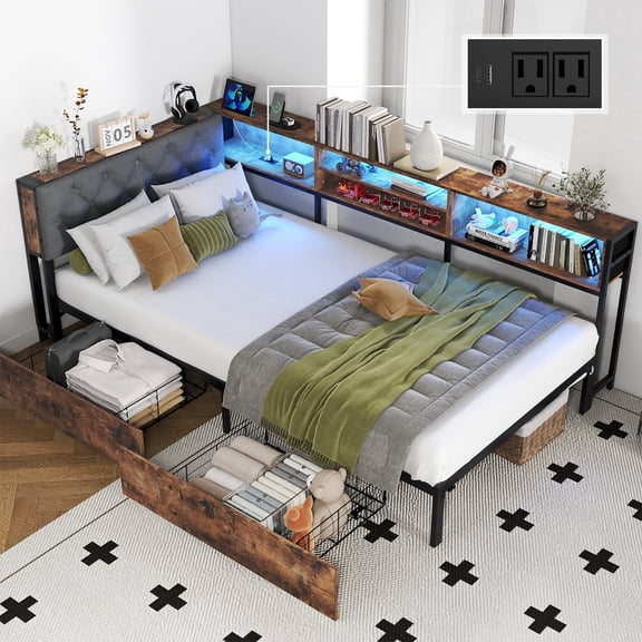Anyhave Twin XL Corner Bed Frame with Bookcase, LED Lights, 2 Drawers, Charging Station, Upholstered Headboard, Rustic Brown & Gray