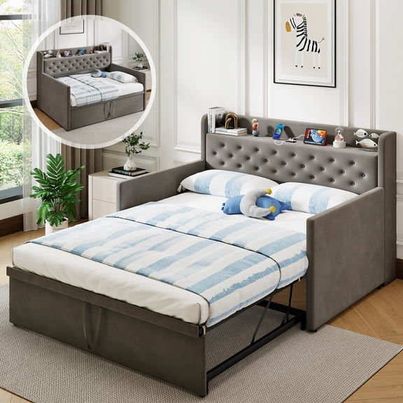 Anyhave Twin‑to‑King Daybed with Pop‑Up Trundle, Upholstered Storage Headboard & Charging Station, Gray, Living Room, Guest Room