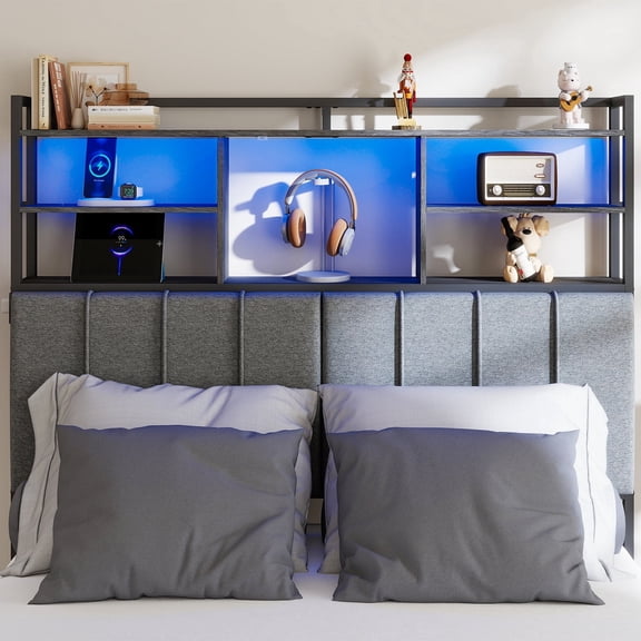 Anyhave Upholstered Headboard with 3-Tier Shelves, Charging Station & RGB LED, King