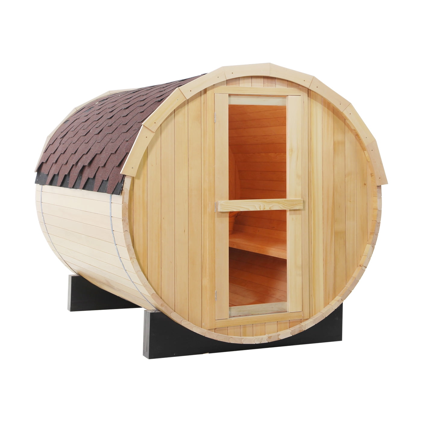 Anyi 4 Person Outdoor Barrel Sauna, Canadian Hemlock Barrel Sauna Kit with Outdoor Waterproof Tile and Harvia Internally Controlled Sauna Stove and Lava Rocks