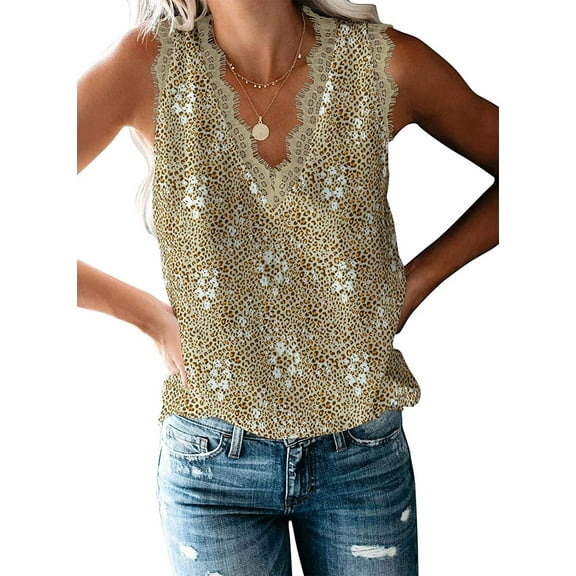 Anyjoin Women Sexy V Neck Lace Tank Tops Summer Sleeveless Chiffon Blouses