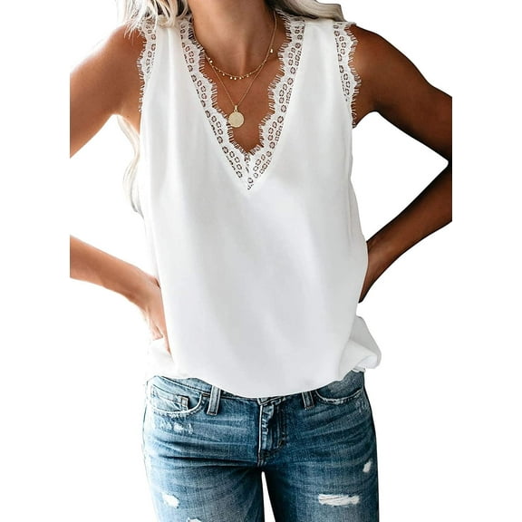 Anyjoin Women Sexy V Neck Lace Tank Tops Summer Sleeveless Chiffon Blouses