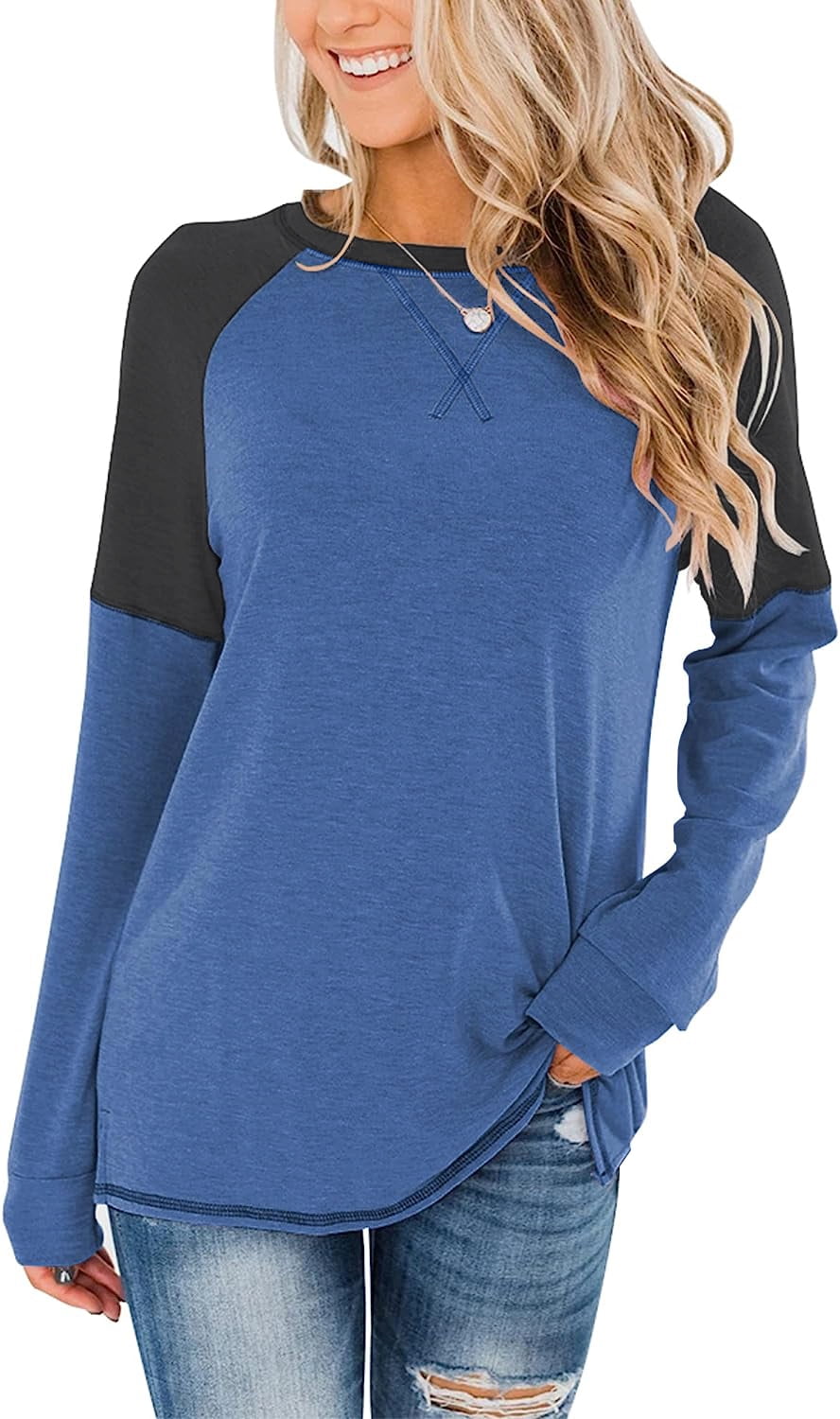 Anyjoin Women's Casual Long Sleeve Tunic Tops Crew Neck Color Block ...