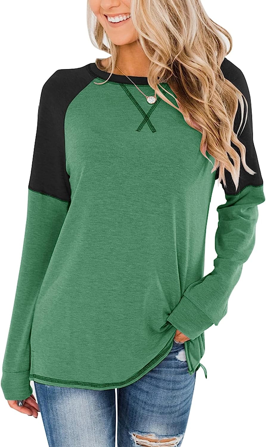 Anyjoin Women's Casual Long Sleeve Tunic Tops Crew Neck Color Block