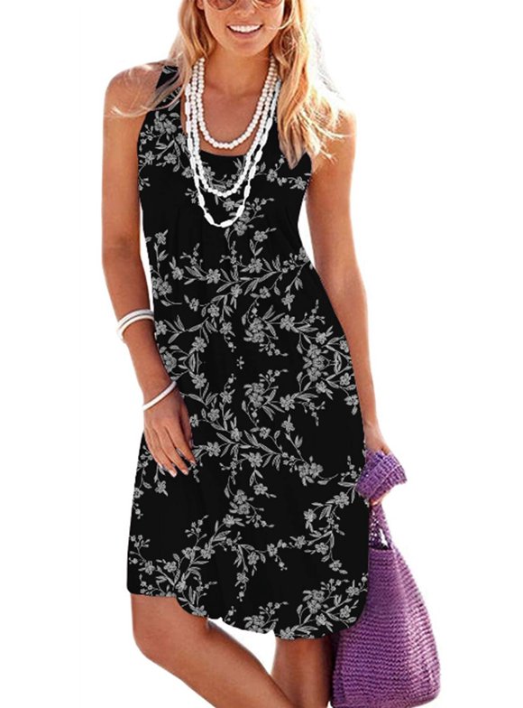 Women's Casual Summer Tank Dress Sleeveless Pleated Sun Dresses with Pockets