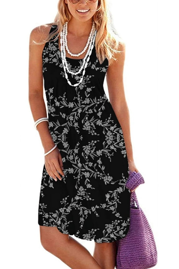 Women's Casual Summer Tank Dress Sleeveless Pleated Sun Dresses with Pockets