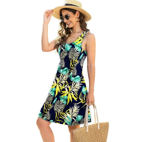 Anyjoin Women's Casual Summer Tank Dress Sleeveless Pleated Sun Dresses with Pockets