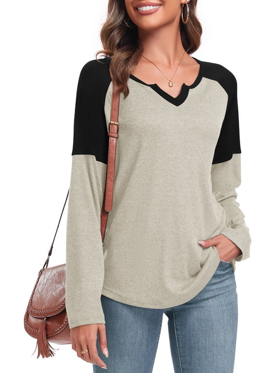 Women's Long Sleeve Tunic Tops V Neck Color Block Tops Loose Casual Blouse