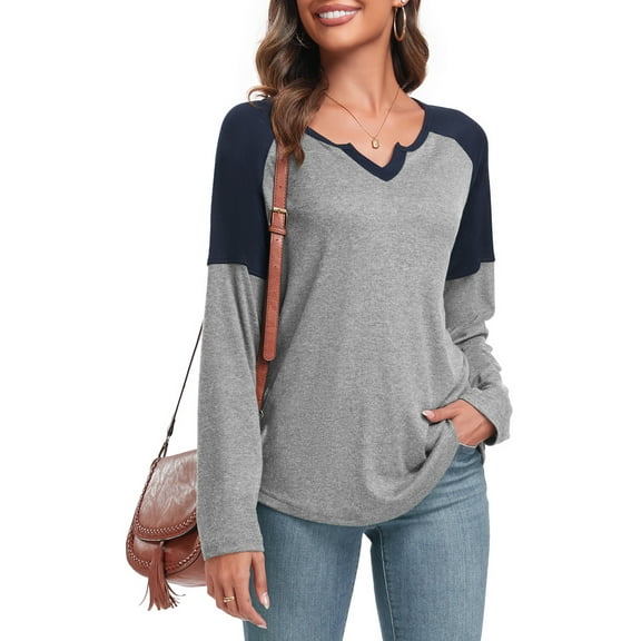 Anyjoin Women's Long Sleeve Tunic Tops V Neck Color Block Tops Loose Casual Blouse