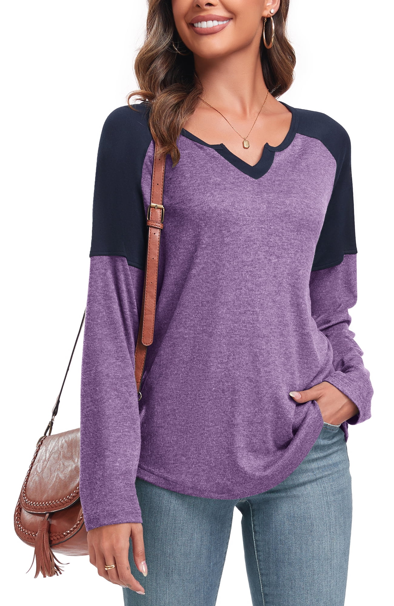 Anyjoin Women's Long Sleeve Tunic Tops V Neck Color Block Tops Loose ...