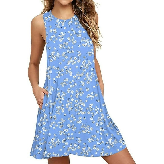 Anyjoin Women's Summer Dresses Beach Floral Tshirt Sundress Sleeveless Pockets Casual Tank Dress