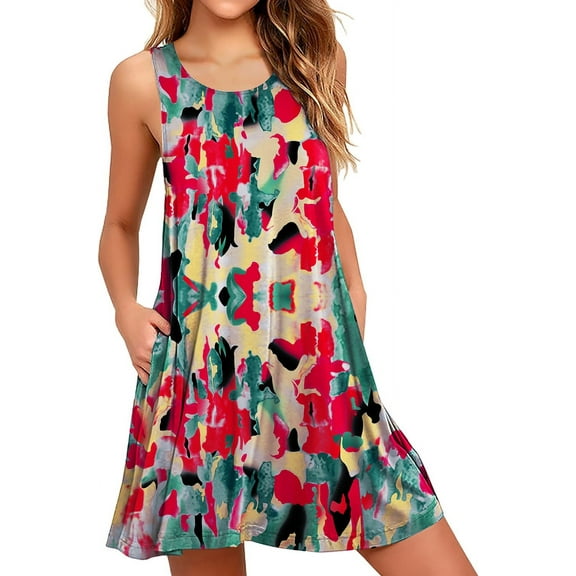 Anyjoin Women's Summer Dresses Beach Floral Tshirt Sundress Sleeveless Pockets Casual Tank Dress