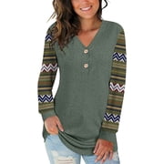 ANYJOIN Womens Button Up Long Sleeve Henley Tunic Tops V-Neck Casual Color Block Sweatshirt