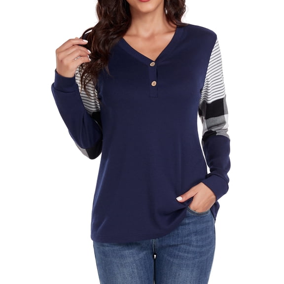 ANYJOIN Womens Button Up Long Sleeve Henley Tunic Tops V-Neck Casual Color Block Sweatshirt