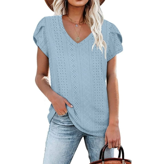 Anyjoin Womens Tops Casual V Neck Summer Petal Sleeve T-Shirt